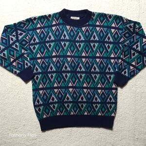 Vintage 90s Geometric Knit Sweater Mens Large Blue Green Abstract Coogi Style L